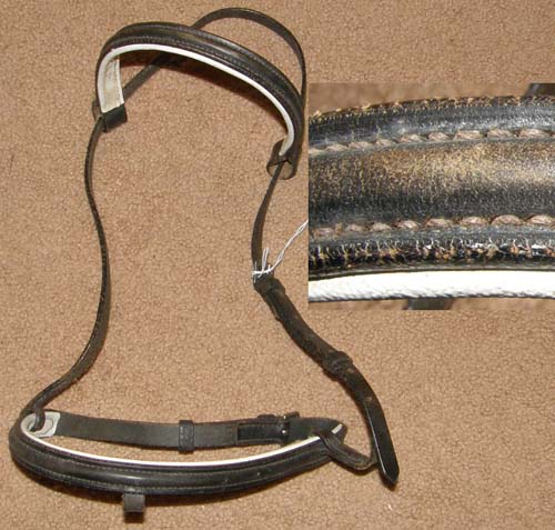White Lined Padded Black Leather Round Raised English Caveson & Browband no Flash Noseband Attachment Cob