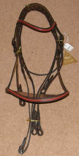 Millers Patterdale Snaffle Bridle English Bridle Laced Reins Red Piping Trim Dark Brown Horse