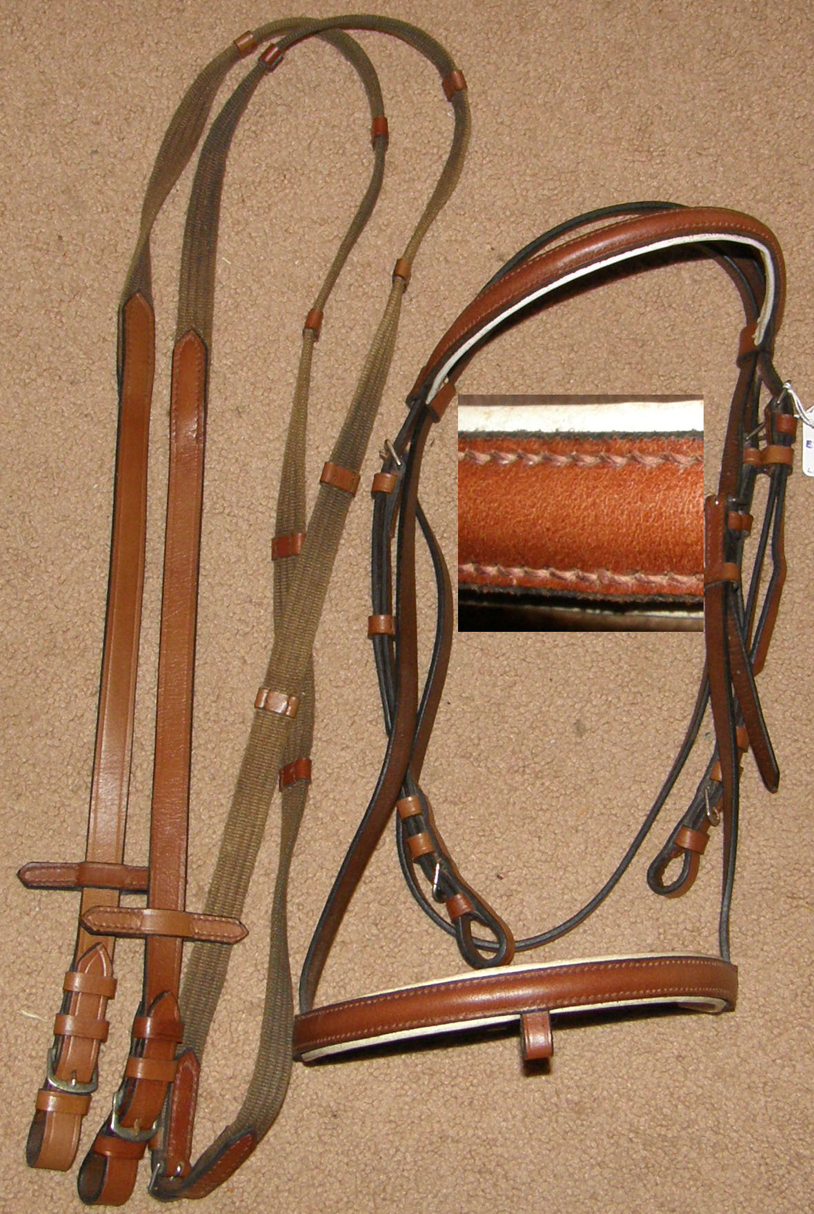 Round Raised Snaffle Bridle White Leather Lined English Bridle Buckle End Cotton Web Reins Chestnut London Tan Horse