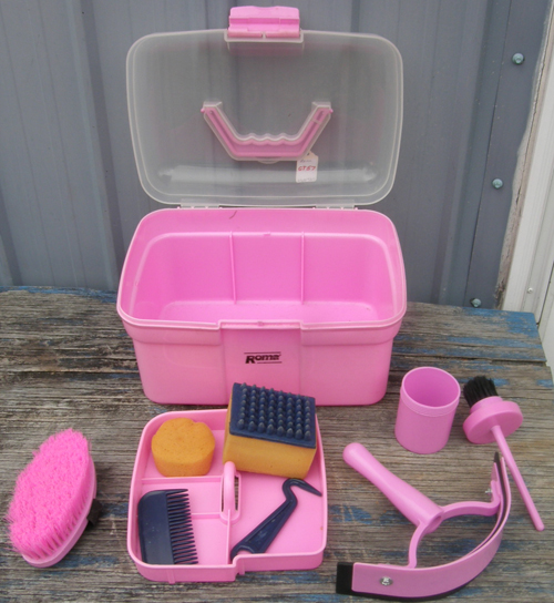 Roma Ultimate Rally Grooming Kit Horse Grooming Tack Box Brush Sweat Scraper Sponge Mane Comb Hoofpick Plastic Grooming Tote Grooming Caddy Ringside Tote Box Pink