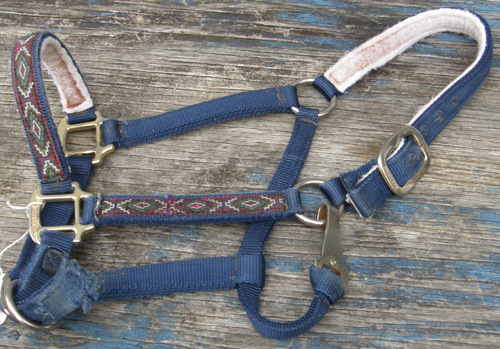 Big Horn Tuffy Padded Felt Lined Adjustable 1" Nylon Halter Horse Halter with Throat Snap Felt Lining Padding Southwestern Print Overlay Dark Blue Horse