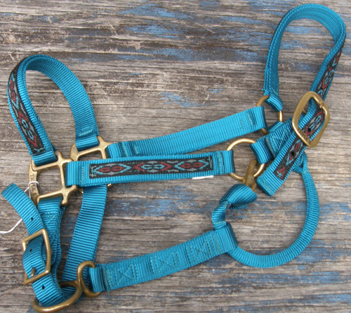 Triple E Adjustable 1" Nylon Halter Horse Halter with Throat Snap Southwestern Print Overlay Dark Teal Horse