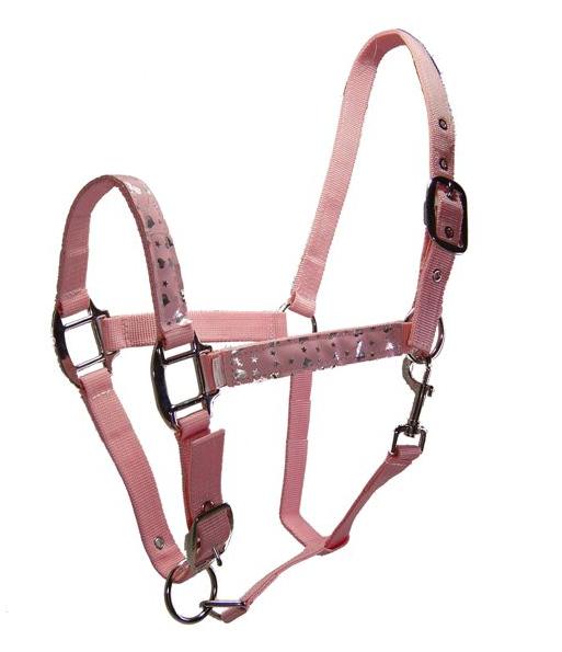 Unbridled Equine Pink Hearts & Stars Overlay Nylon Halter Adjustable Cob Horse Halter with Throat Snap