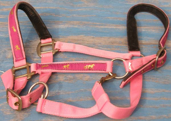 Fancy Trim Horse Print Nylon Halter Comfort Padded Adjustable Horse Halter with Throat Snap Pink