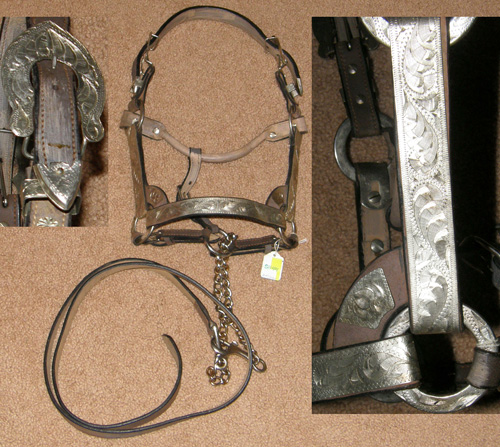 Western Show Halter Western Stock Halter Silver Show Halter with Chain Lead Silver Trim Lt Oil Pony/Cob/Yearling Horse
