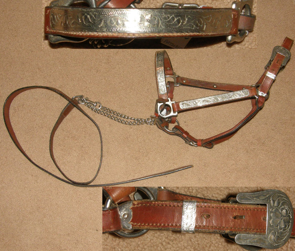 Western Stock Show Halter Silver Show Halter with Chain Lead Red Brown Horse