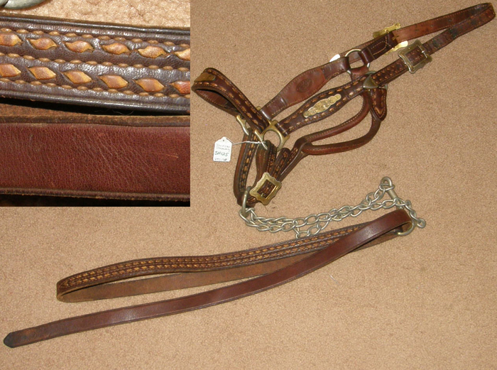 Vintage Pair O' Dice Buckstitch Western Stock Show Halter with Chain Lead Gold Tone Silver Show Halter Buck Stitch Brown Horse Halter Diablo Silver