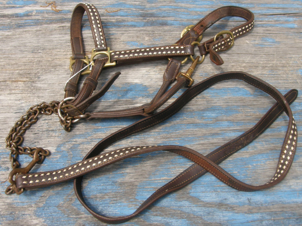 Vintage Buckstitch Western Stock Show Halter with Chain Lead Vintage Show Halter Buck Stitch Brown Horse Halter