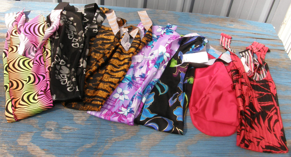Sleazy Sleepwear Solid Lycra Tail Bag Tie Tail Bag Red, Black/Red Print, Tiger, Silver Hearts, Floral, Dizzy, Neon Splash, Zap, Cosmic Camo, Bubbles, Patriot