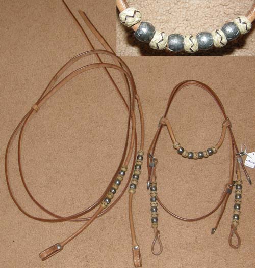 Showman? Westack? Rolled Leather Western Bridle Silver Barrel Beads Braided Rawhide Trim Lt Oil Browband Western Headstall Weighted Split Reins Western Show Bridle California Braid & Silver Trim Horse