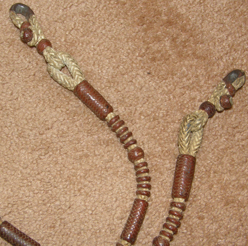 Vintage? Braided Rawhide Sliding Double Ear Western Headstall Hand Braided Leather Buttons Round Plaited Rawhide Western Bridle Romal Reins Rommel Romel Reins Natural/Brown Horse