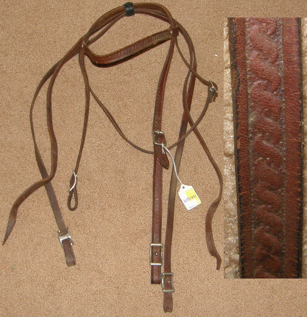 Vintage Tooled Leather Western Bridle Browband Western Headstall Split Reins Brown Decorate Rocking Horse Pony Decoration