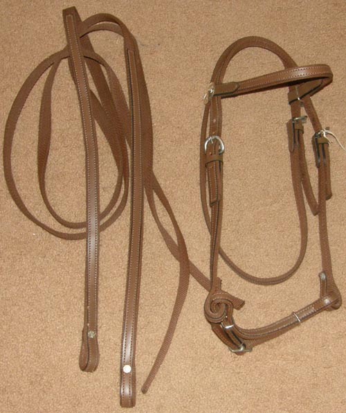 King Series Leather Overlay Nylon Bridle Synthetic Western Bridle Browband Western Headstall Split Reins Brown Curb Strap Horse/Large Horse