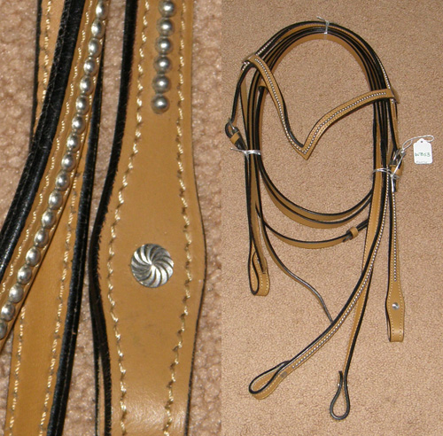 Royal King? Showman? V Brow Western Headstall Silver Dots Silver Studs Spotted Studded Western Bridle Split Reins Lt Oil Horse