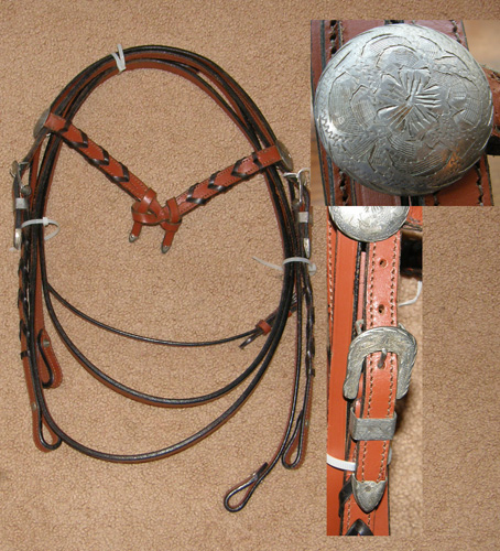 Laced Knotted Brow Western Bridle Futurity Western Headstall Laced Trim Silver Conchos Knotted Browband Western Bridle Split Reins Dark Chestnut Horse