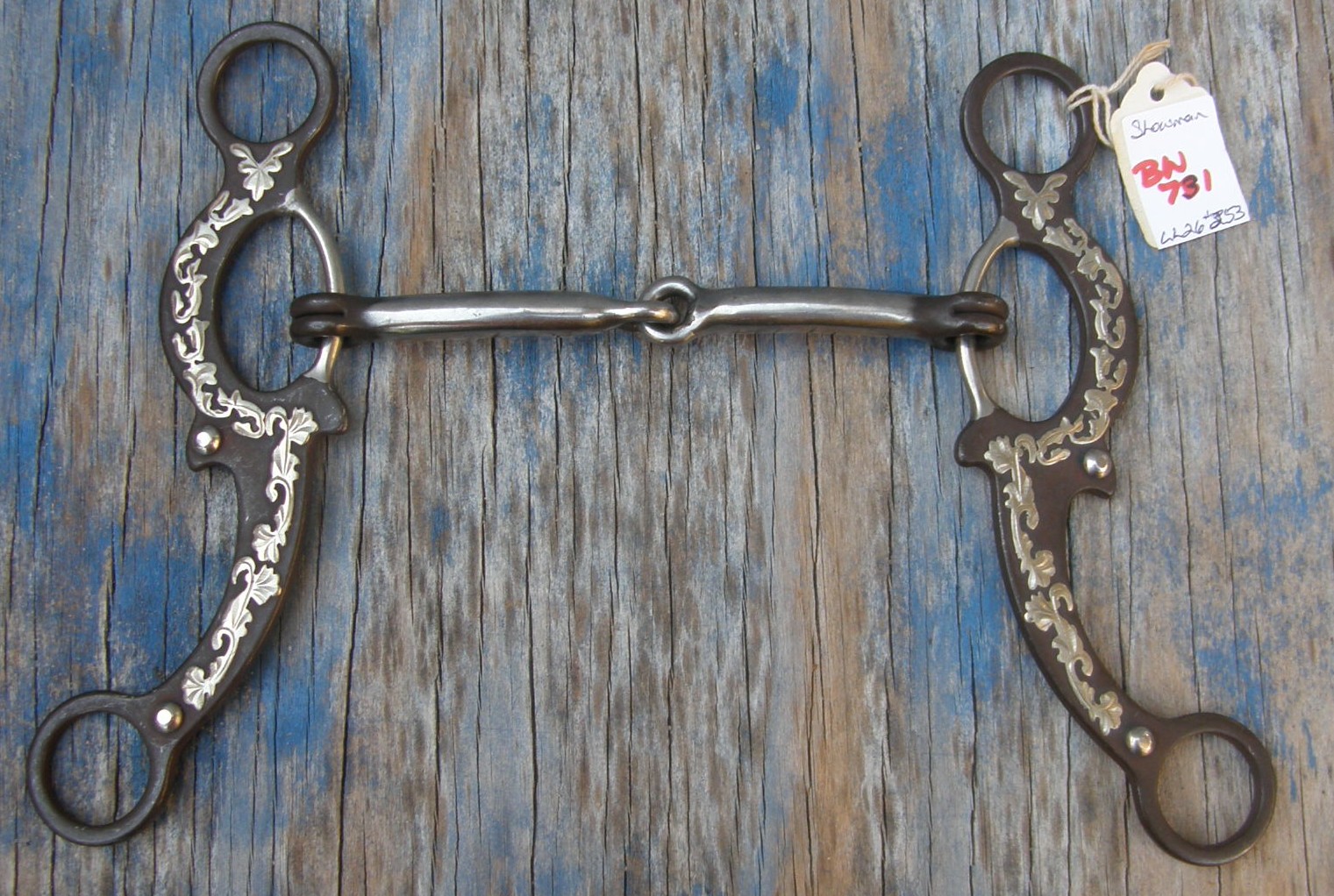 Showman 5" Brown Steel Engraved Silver Shank Overlay Jointed Curb Bit Western Gag Bit Antique Brown Copper Inlay